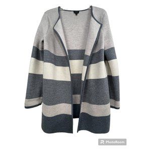 Talbots Open Front Sweater Cardigan Sz M Merino Wool Grey‎ Beige Stripes Cozy